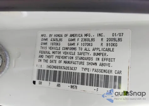 2007 Honda Accord 3.0 Ex z USA, uszkodzony, nr VIN 1HGCM66597A053437
